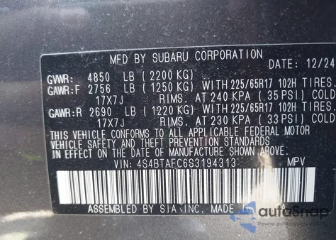 2025 Subaru Outback Premium from USA, damaged, VIN 4S4BTAFC6S3194313